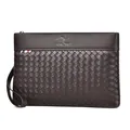 Dark brown woven leather men's clutch bag with top handle and golden kangaroo logo - Brown