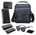 Set business pour homme en similicuir noir avec sac bandoulière, portefeuille et lunettes - Noir
