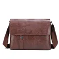 Brown minimalist large messenger bag for men with textured leather and silver H-buckle - Dark Brown
