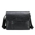 Men's black crossbody bag with textured leather and H-shaped tricolor buckle - Black