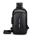Black leather crossbody bag for men with USB port, anti-theft lock and fashion text - Black
