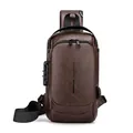 Dark brown leather sling bag with USB port and anti-theft lock for men - Dark Brown