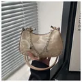 Chic nude mini baguette bag with letter prints and decorative pearl heart chain - Khaki