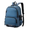 Modern dark blue outdoor backpack with multiple zippered pockets and mesh side pouches - Blue