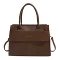 Borsa tote marrone scuro con stampa coccodrillo, scritte dorate e manici - caffè