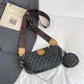 Black monogram crossbody bag with circular coin purse and golden chain strap - Dark Blue