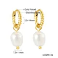 Elegant gold plated stainless steel hoop earrings with white baroque pearl drops - Gold Twisted Hoop Baroque Pearl (EA59560AG)