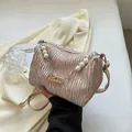 Champagne pleated shoulder bag featuring elegant pearl chain and minimalist design - Khaki
