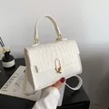 Minimalist creamy white crocodile pattern shoulder bag with a gold metal clasp buckle - White