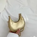 Golden crescent moon bag with scale texture and thin metal chain strap - Gold