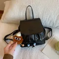 Black PU leather mini backpack with Fashion logo and cute brown plush charm - With Pendant / Black