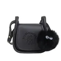 Minimalist black vintage saddle bag with cute plush pendant and shoulder strap - Black