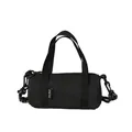 Minimalist black cylinder shoulder bag with sporty woven strap and Fu Rui brand label - Black