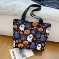 Halloween canvas tote bag featuring black base with colorful pumpkin and ghost prints - Black Pattern 2