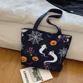 Dark blue Halloween tote bag with pumpkin and ghost prints on durable fabric strap - Blue Pattern 1
