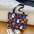 Dark blue Halloween tote bag featuring white ghosts, orange pumpkins and wizard hats - Blue Pattern 2
