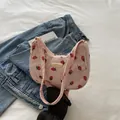 Pink corduroy crescent shoulder bag with strawberry print and gold metal plaque - Corduroy / Strawberry Print Style / Pink
