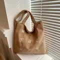 Brown corduroy tote bag with white embroidered letters for autumn casual fashion style - Khaki