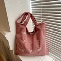 Pink corduroy tote bag with white embroidery and large capacity for daily casual use - Pink