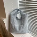 Minimalist light blue corduroy tote bag with white embroidery and large capacity - Blue