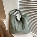 Minimalist sage green corduroy tote bag with white embroidery and large capacity - Light Green