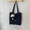 Deep blue denim tote bag with brown leather label and white cloud plush charm - Without Pendant / Style 1 Dark Blue Zipper