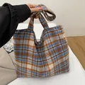 Grand sac cabas chic en laine à carreaux bleus et oranges pour l'hiver - Bleu