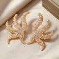 Elegant gold starfish drop earrings with crystal tassels on premium champagne silk fabric - Gold Starfish Rhinestone Inlaid Style (WEH4922)