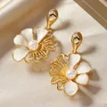 Golden flower drop earrings with white shell petals and a pearl center on silk - Creamy Petal Pearl Stamen Style (WEH4924)