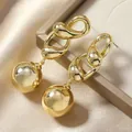 Minimalist gold link drop earrings with polished metal sphere on elegant satin background - Polished Link Metal Ball Drop Style (WEH4936)