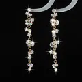Elegant gold drop earrings with multi-color rhinestones and dangling fringe chain style - AB Color Flower Long Tassel Style (WEH4385)
