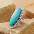 Bohemian wide silver ring with large oval turquoise stone and sparkling rhinestone border - Large Oval Turquoise Rhinestone Style (X1717)