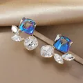 Geometric gold stud earrings with blue and iridescent crystals on silk fabric - Geometric Cube AB Crystal Style (WEH4970)