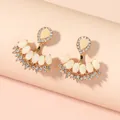 Golden fan-shaped drop earrings with teardrop white stones and sparkling rhinestones - Golden Creamy Fan Style (EH5560)