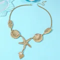 Detail of golden ocean theme necklace with starfish pendant, shell motifs and white pearl - Starfish Shell Pendant Fine Chain / Gold Style (WXL1455)