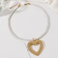 Minimalist white rope necklace with a large gold textured hollow heart pendant, 5cm size - Heart Style (WXL1320) / Gold/White