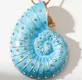 Macro shot of sky blue enamel conch pendant with gold detailing and crystal stones - Blue Enamel Shell Style (wxl1276) / Blue Gold