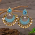 Pendientes bohemios indios con esmalte azul, gemas de gota y flecos de cuentas blancas - Estilo Oro Antiguo Azul Lago (weh5904)