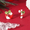 Close-up of asymmetrical Christmas earrings with candy cane and wreath enamel designs - Asymmetric Wreath (WEH068-1)