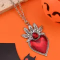 Gothic vintage red heart necklace with silver alloy floral details for Halloween style - Leafy Border Heart Style (WXL1476) / Antique Silver Red
