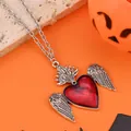 Gothic retro heart necklace with angel wings and red stone on vintage silver chain - Crown Wings Heart Style (WXL1477) / Antique Silver Red