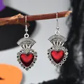 Gothic style silver metal earrings with red heart design hanging on dry branches - Red Heart Starburst Floral Style (WEH6244)