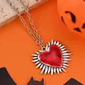 Gothic silver chain necklace featuring a deep red heart pendant with radiating spikes - Radiating Spike Heart Style (WXL1478) / Antique Silver Red