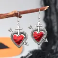 Gothic silver and red heart arrow earring featuring a cross pendant and hook - Red Heart Cross Arrow Style (WEH6253)
