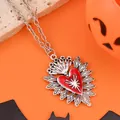 Gothic retro necklace with red enamel sacred heart pendant and silver crown details - Sacred Heart Crown Style (WXL1479) / Antique Silver Red