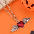 Gothic silver wings necklace with translucent red heart pendant for Valentine gift - Winged Heart Style (WXL1480) / Antique Silver Red