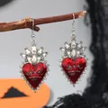 Gotische rot-silberne Ohrringe mit Herz und Krone an einem alten vertrockneten Ast - Rotes Herz Krone Sonnenstrahl Stil (WEH6256)