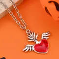 Gothic winged red heart necklace with silver alloy chain on a seasonal orange background - Flame Winged Heart Style (WXL1481) / Antique Silver Red