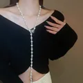 Elegant Y-shaped pearl long necklace featuring a silver diamond-set camellia flower charm - White Pearl [Camellia Pendant]