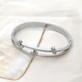 Silver double-layer stainless steel bangle with frosted butterflies and rhinestones - Z113B Silver